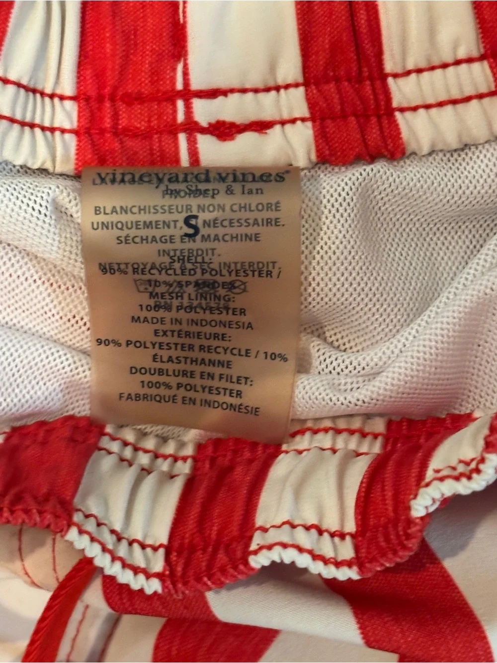 Vineyard Vines Red and White Striped Swim Trunks with Logo Patch